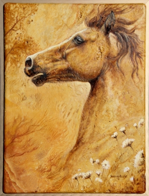 "Startled", oil on travertine, 18" x 24", $1900