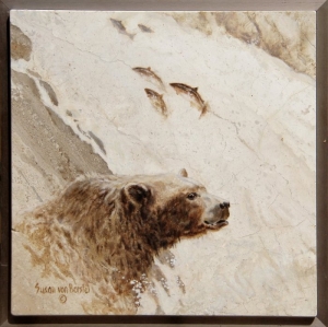 "Keep Them Coming", oil on travertine, 12" x 12". Information at Sandz Fine Art Gallery, (805) 295-6143.
