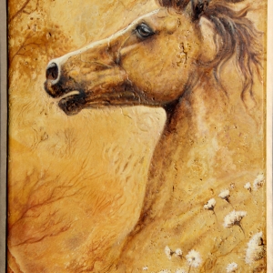 "Startled", oil on travertine, 18" x 24", $1900  
