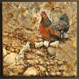  "Fowl Play at Dry Creek", oil on travertine, 16" x 16", $995 