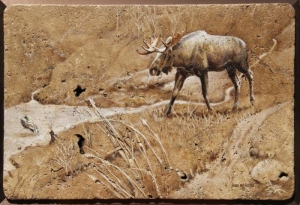 "Moose and Friends", oil on travertine, 16" x 24", $1600 