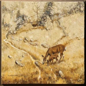"Deer Family", oil on travertine, 18" x 18", $1200 