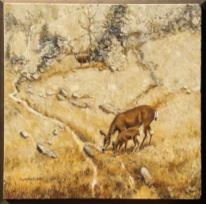"Deer Family", oil on travertine, 18" x 18". Information at Sandz Fine Art Gallery, (805) 295-6143.